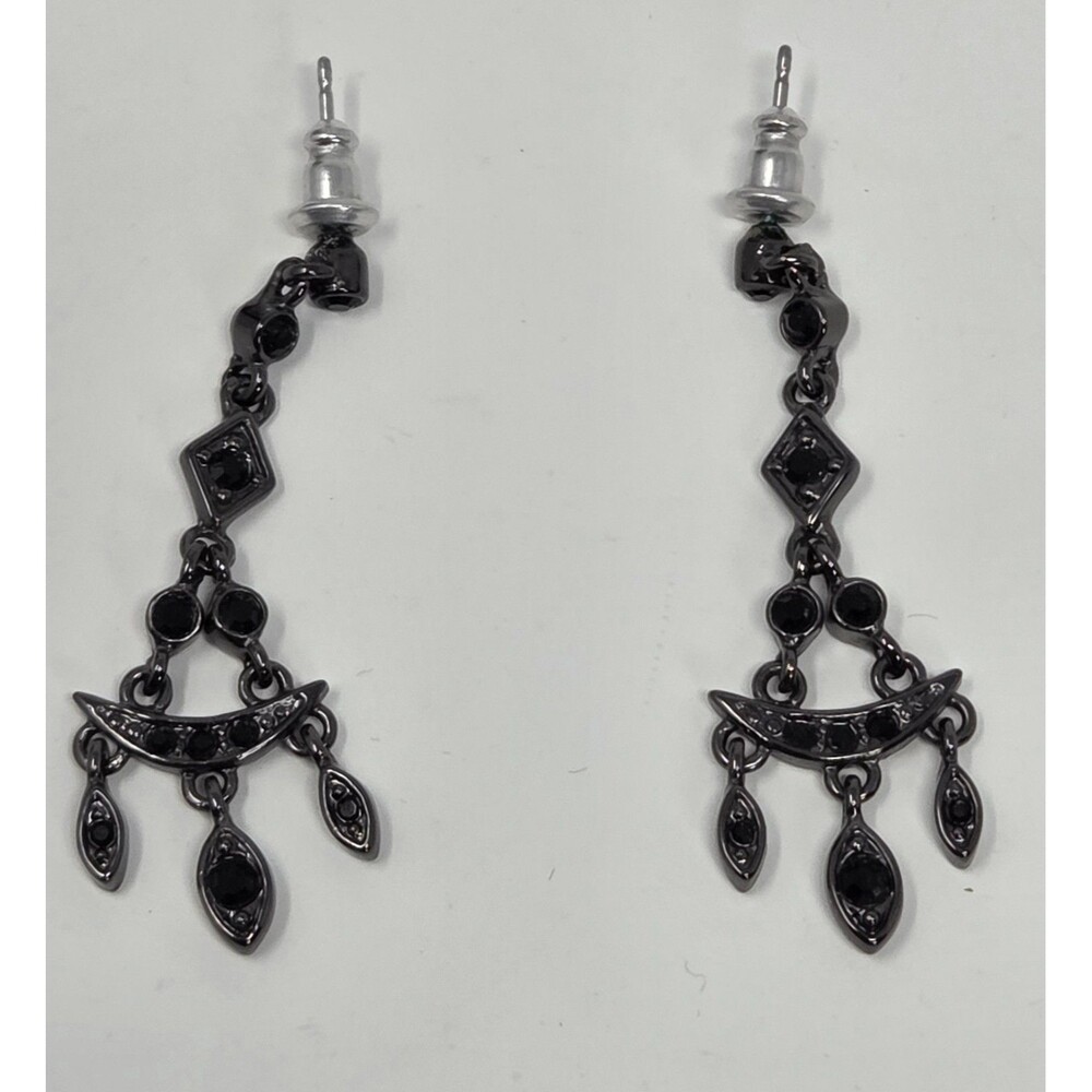 Monet Black Rhinestone Chandelier Drop Earrings Gunmetal Hematite Tone Pierced